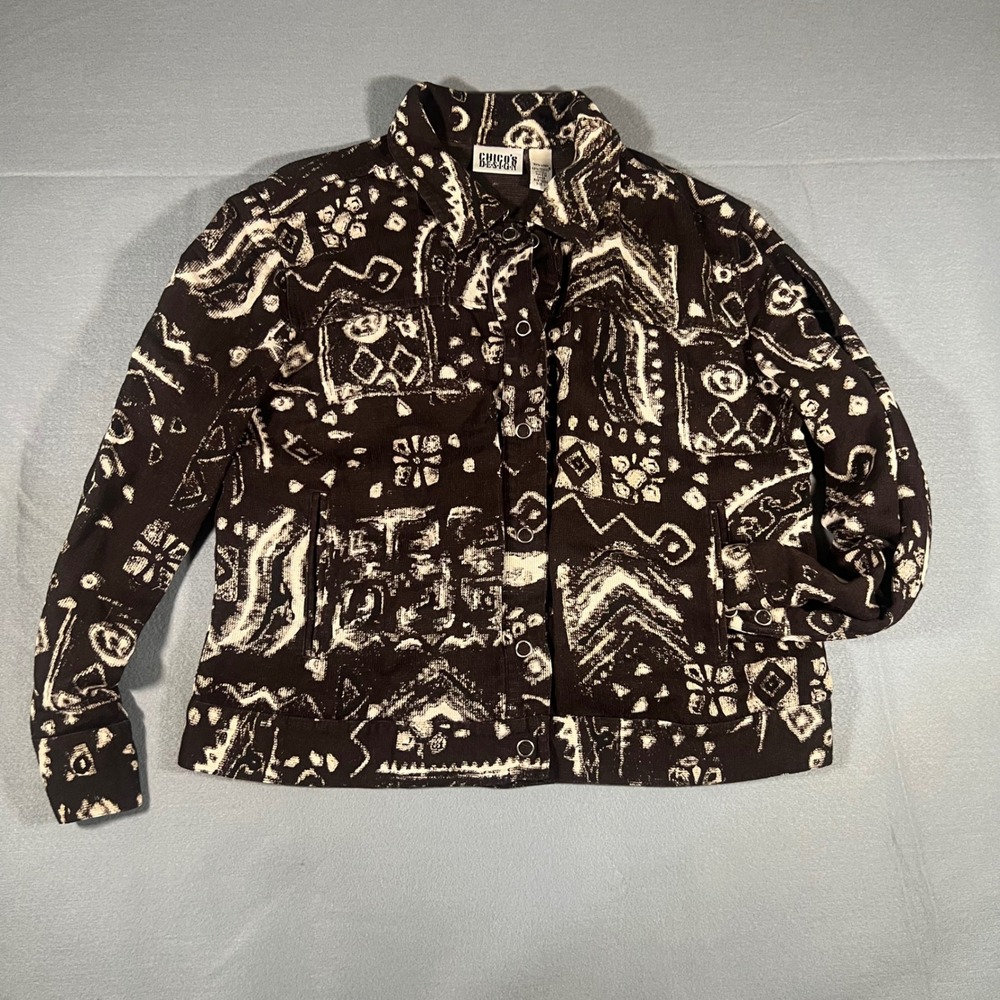 Vintage Chicos Design Black & White Abstract Print Jacket Snap Button Up Women's